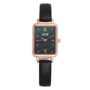Elegant CCQ rectangular quartz watch for women with green dial and black leather strap