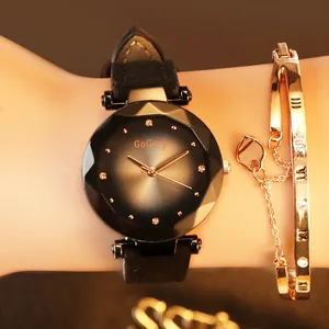 Elegant women's watch set with black frosted strap and gold Roman numeral bracelet