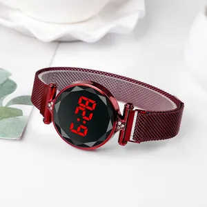Women's burgundy LED digital watch with Milanese magnetic strap and gem-cut glass face
