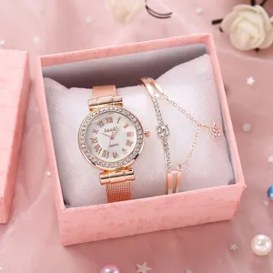 Orologio donna oro rosa con lunetta in strass, numeri romani e set regalo con bracciale