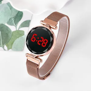 Women Fashion LED Digital Watch Magnetic Milanese Mesh Alloy Strap Diamond Cut Glass Rhinestone Casual Ladies Wristwatch