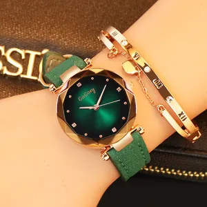 Fashion Women Quartz Watch Gradient Sunray Dial Geometric Cutting Glass Mirror Frosted Leather Strap Rhinestone Casual Wristwatch