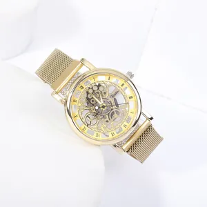 Men's fashion skeleton watch with golden Milanese mesh strap and Roman numeral dial