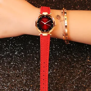 Fashionable women's watch with red frosted leather strap and gold faceted glass case
