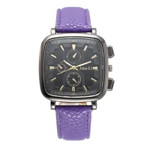 Detail view of the Amadi square watch face featuring black dial and purple leather strap