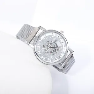 Silver hollow mechanical men's watch with Roman numerals and stainless mesh strap