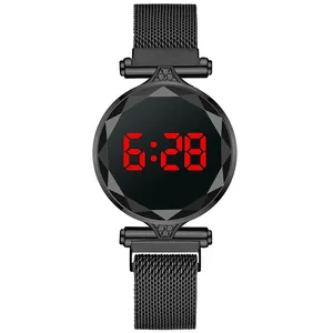 Women's black Milanese loop LED digital watch with faceted diamond-cut glass and red display