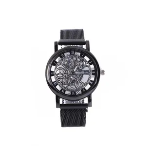Men's Skeleton Quartz Watch With Magnetic Mesh Strap Roman Numerals Mechanical Look Alloy Case Fashion Wristwatch Gift