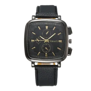 Classic square black leather watch with golden markers and textured strap on white background