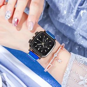 Square black dial ladies watch with blue magnetic mesh strap and star charm bracelet