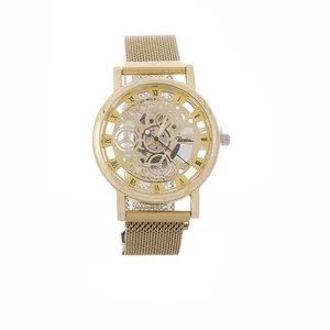 Gold hollow mechanical style watch with roman numerals and Milanese mesh strap