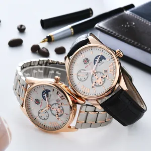 Business men's watch with moon phase and date display featuring leather and steel straps