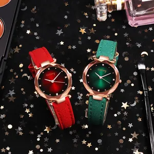 Women's fashion quartz watches with gradient dials and frosted leather straps in red and green