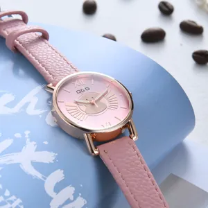 Pink cartoon owl quartz watch with leather strap and rose gold metal case for women