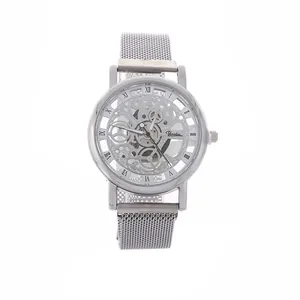 Men's silver hollow dial quartz watch with mesh magnetic strap and Roman numerals