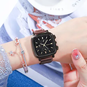 Women's square quartz watch with Milanese mesh strap and starry diamond bracelet set