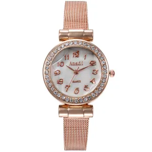Orologio da donna al quarzo oro rosa con lunetta in strass e cinturino in maglia milanese