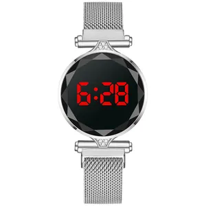 Women's silver LED digital watch with Milanese magnetic strap and faceted glass