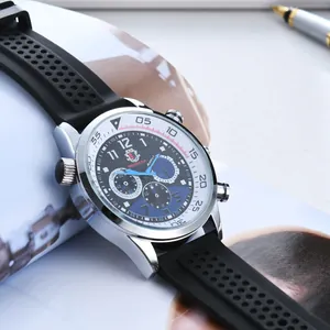 Close-up of RONATA men's sports watch with blue three-eye dial and black silicone strap