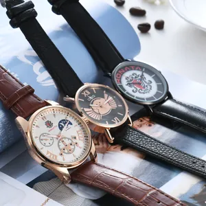 Three minimalist men's quartz watches with leather straps and classic multi-function dials
