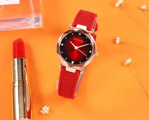 Detail of red frosted leather watch with rose gold faceted dial and matching lipstick