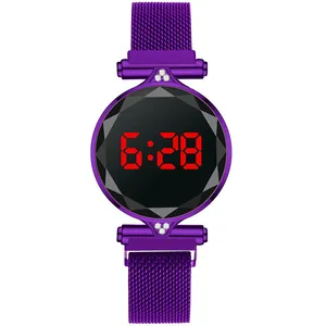 Women's purple LED digital watch with Milanese mesh band and faceted crystal glass