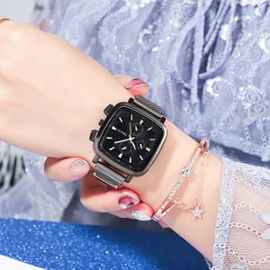 Women's square black fashion watch with mesh strap and matching star charm bracelet