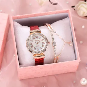 Mode Damen Quarzuhr Armband Set Strass Römische Ziffern Legierungsgehäuse Kunstlederband Elegantes Damen Geschenkset