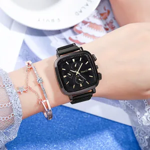 Elegant Women Square Quartz Watch Alloy Mesh Band Fashion Three-eye Dial Decorative Wristwatch And Star Charm Bracelet Accessories
