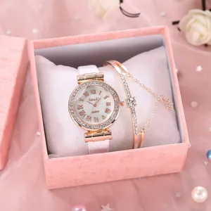 Damenarmbanduhr in Roségold mit römischen Ziffern und Diamantarmband in Geschenkbox
