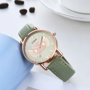 Women's sage green leather quartz watch with Roman numerals and rose gold case