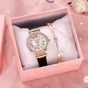 Elegantes Damen-Quarzuhren-Set in Roségold mit Strass-Lünette und schwarzem Lederarmband