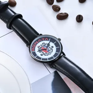Minimalistische Quarz-Armbanduhr mit schwarzem Lederarmband und rundem Zifferblatt