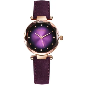 Women's fashion watch with purple gradient dial and rose gold geometric faceted glass