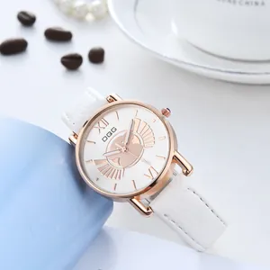 Fashionable women's watch with rose gold case, Roman numerals and white leather strap