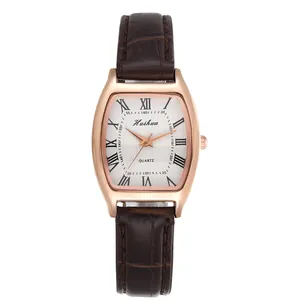 Minimalist square quartz watch for women with brown leather strap and roman numerals