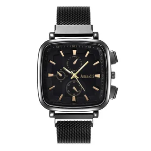 Business style square quartz watch with black mesh strap and golden indices on black dial