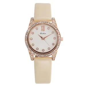 Orologio da donna al quarzo beige con cassa in metallo oro rosa decorata con strass