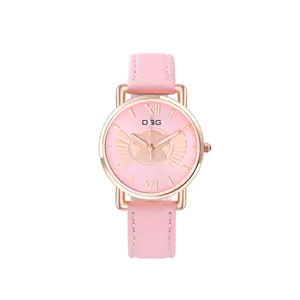 Pink leather cartoon bear quartz watch with rose gold case and Roman numeral markers