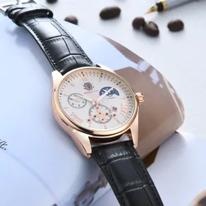 Men's automatic mechanical watch with rose gold case, moon phase, and leather strap