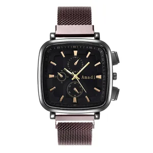 Detail of square quartz watch with black dial, sub-dials, and purple Milanese mesh band