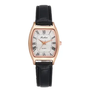 Fashion Women Tonneau Shaped Quartz Watch Rose Gold Case Roman Numerals White Dial Crocodile Pattern Leather Strap Wristwatch