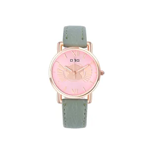 Green leather quartz watch for women with pink cartoon bear dial and rose gold case