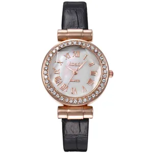 Damen Quarz-Armbanduhr mit römischen Ziffern und schwarzem Lederarmband