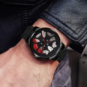 Men's fashion quartz watch with unique racing wheel hub dial and black steel strap