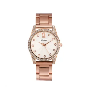Montre à Quartz Femme en Alliage Or Rose avec Strass Montre-Bracelet Décontractée Cadran Solaire Chiffres Romains Bracelet Métallique