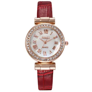 Damen-Quarzuhr mit rotem Krokodillederarmband und kristallinem Gehäuse in Roségold