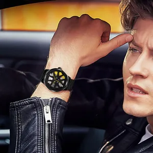 Men's sports watch with 3D car wheel hub design and yellow brake caliper detail