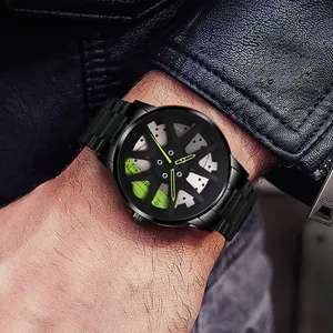 Men's matte black sports watch featuring a creative car wheel hub dial design