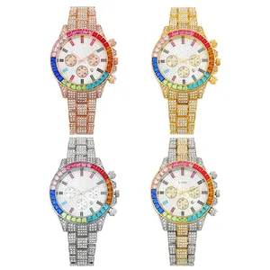 Luxuriöse Quarzuhren mit Regenbogen-Lünette und diamantbesetztem Edelstahl-Armband